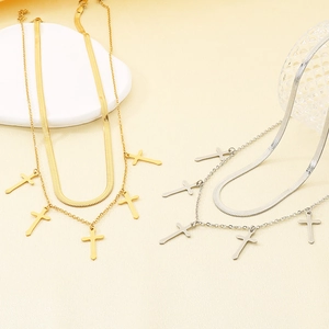 Double-layered stainless steel cross pendant necklace in gold and silver finish