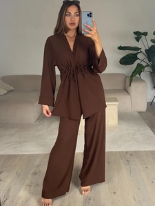 Women's dark brown long-sleeve V-neck tie-waist top and high-waist wide-leg pants set