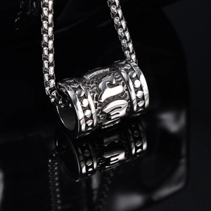Buddhist mantra engraved stainless steel cylinder pendant necklace with box chain