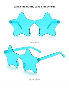 Detailed macro view of rimless star-shaped sunglasses in vibrant lake blue color
