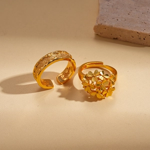 24k gold plated adjustable open rings set with wavy texture and floral cluster design