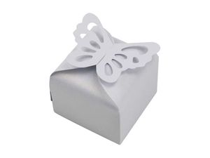 Detail of laser-cut butterfly on top of pearl white square wedding favor candy box