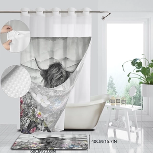 Detail showing the Highland cow print shower curtain texture and bathroom mat dimensions