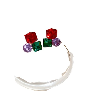 Colorful geometric stud earrings with red, green and purple crystals for women