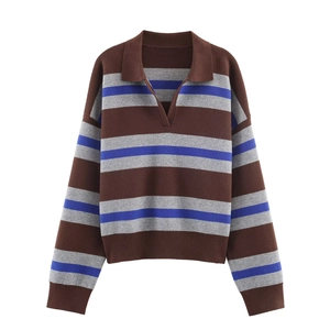 Maglione in maglia a righe da donna con colletto polo e maniche lunghe, vestibilità casual