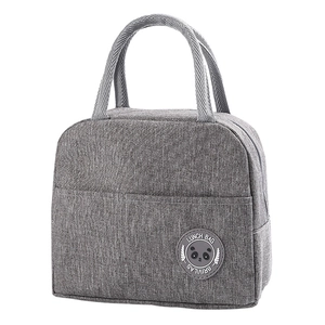 Gray insulated lunch bag with panda patch and handle for school and work use