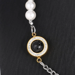 Titanium steel cuban chain necklace featuring white pearls and a black crystal pendant