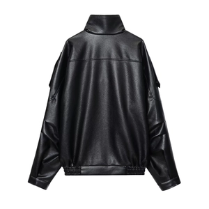 Back view of a black faux leather biker jacket with stand collar and elasticated waist hem