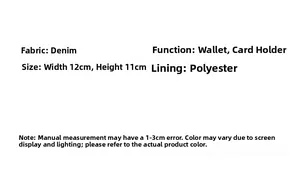 Detail showing denim material, dimensions 12x11cm, polyester lining, and card slot features