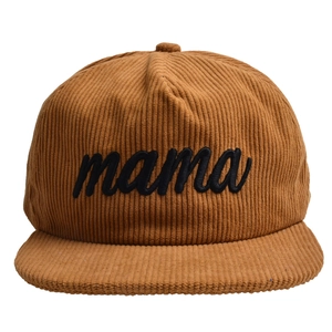 Detailed view of brown corduroy baseball cap with mama embroidery in cursive black thread