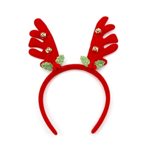 Christmas reindeer antler headband in red fabric with green leaves and gold bells decor