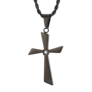 Polished black stainless steel cross necklace for men with a clear inset gemstone detail