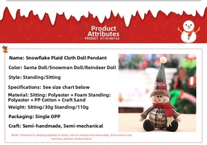 Detailed view of standing and sitting plush Christmas dolls in snowflake plaid patterns