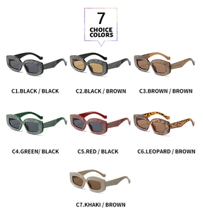 Detail view of rhinestone-embellished square sunglasses in 7 trendy colors for daily wear