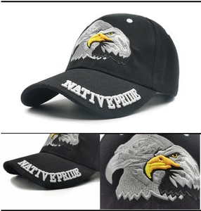 Detail showing the eagle embroidery and Native Pride text on black baseball cap