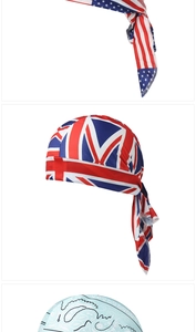 Detailed views of stretchy do-rags featuring USA, UK flags and blue paisley patterns
