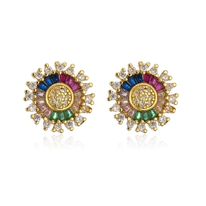 Detailed macro view of 18K gold plated sunflower stud earrings with multicolor crystals