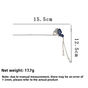Detail view of butterfly hair pin with rhinestone butterfly and tassel pendant measurements
