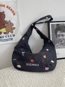 Women Denim Shoulder Bag Cartoon Embroidery Large Capacity Tote Handbag Casual Streetwear Hobo Bag With Zipper Dark Blue