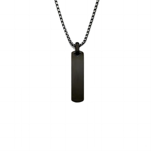 Detail of a black rectangular pendant on a silver stainless steel box chain for men