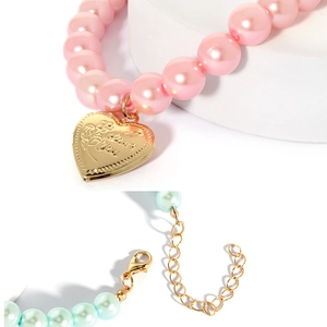 Pink and blue faux pearl pet necklace with golden heart pendant and lobster clasp detail