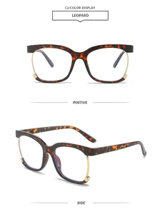 Detailed front and side views of leopard print eyeglass frames with gold metal temples