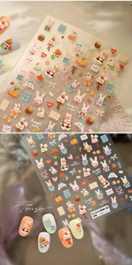 Macro view of 3D embossed rabbit and flower nail art stickers for autumn manicures