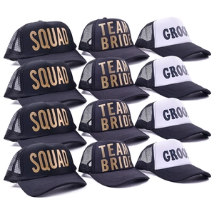 Grid layout showing multiple mesh trucker caps with Bride Squad and Team Bride text
