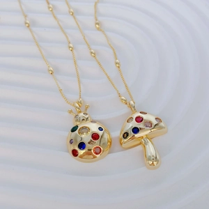 Mushroom Beetle Pendant Necklace Gold Plated Copper Colorful Zircon Clavicle Chain Artistic Retro Jewelry For Women