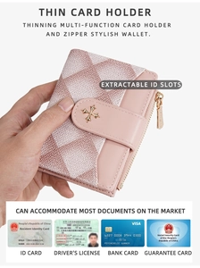 Pink quilted wallet with gold cross buckle showing extractable ID slots and zipper pocket
