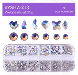 Detail of 12-grid box with mixed AB iridescent glass nail rhinestones in various shapes