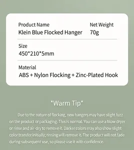Detailed specifications of the non-slip flocking hanger showing dimensions and materials
