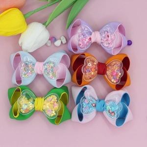 5 pieces of colorful grosgrain ribbon hair bows with sequins for girls and kids