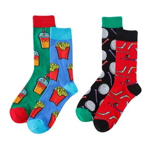 Macro detail of high-quality cotton socks with burger and fries creative jacquard patterns