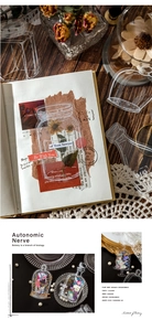 Detailed PET stickers showing vintage bottle designs and dried flower botanical motifs