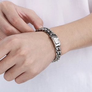 Polished 12mm stainless steel Miami Cuban link bracelet with rectangle ID clasp for men