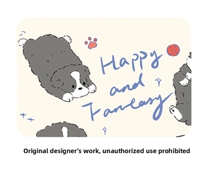 Close-up of cute cartoon puppy illustrations with Happy and Fantasy text on canvas bag