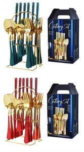 24-piece stainless steel cutlery set with gold finish handles and elegant gift box