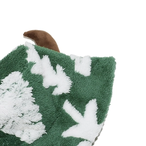 Detail of Christmas tree bucket hat showing green plush fabric and brown antler accents