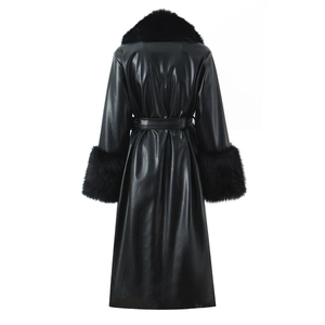 Back view of long black faux leather coat with plush fur collar and waist belt tie