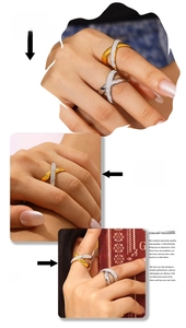 Detailed view of bohemian crisscross rings in gold and silver finish with sparkling zircons