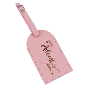 Pink PU leather luggage tag with gold glitter adventure text and silver buckle detail