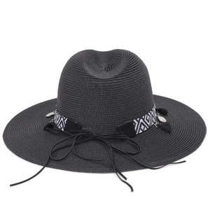 Black wide brim fedora straw hat with bohemian tassel band and geometric pattern