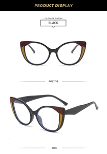 Detailed views of cat-eye frames with vintage tri-color block accents on the side