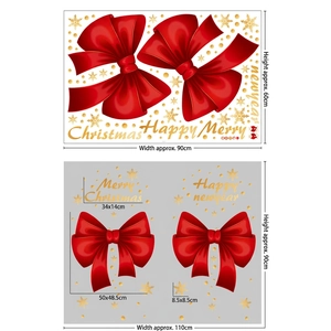 Detailed size chart for Christmas window stickers with red bows and gold snowflakes stickers