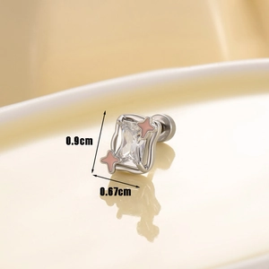 Star-shaped silver earring with square zircon and pink enamel, size 0.9cm x 0.67cm