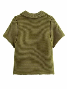 Rear view of green chunky knit short sleeve cardigan featuring a classic polo collar