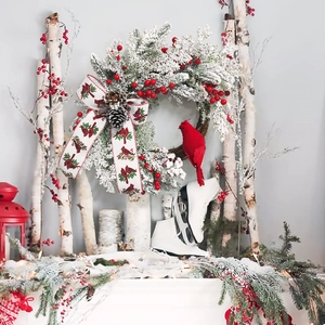 Christmas Wreath Cardinal Red Bird Pine Cones Berries Snow Flocked Natural Rattan Door Hanging Winter Home Decoration
