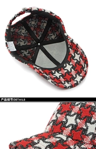 Detailed macro of houndstooth tweed texture and interior lining of knit baseball cap