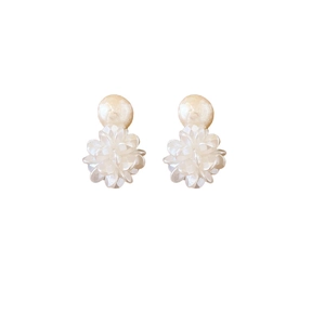 Elegant floral cluster earrings with faux pearls and frosted petals on white background